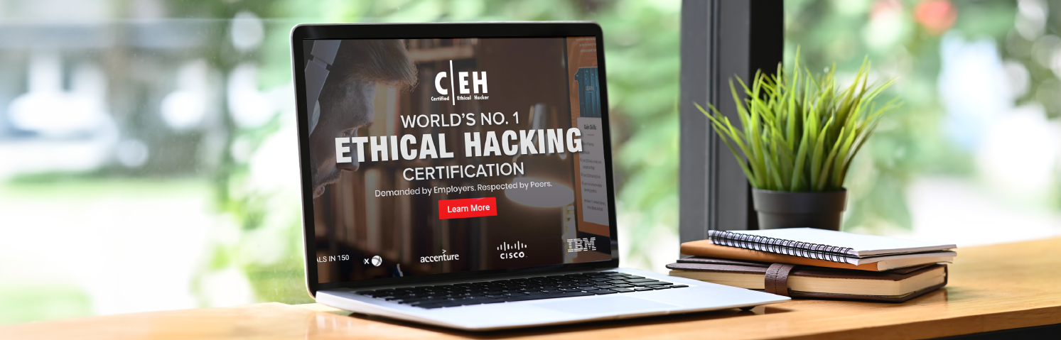 Laptop On A Desk Displaying 'certified Ethical Hacker (ceh)' Certification Webpage With Company Logos